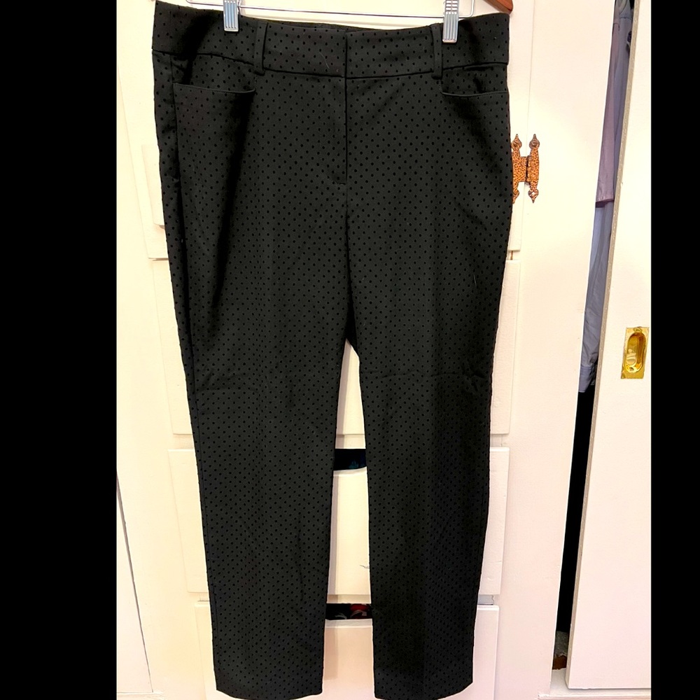 LOFT black polka dot ankle length work pants, size 10